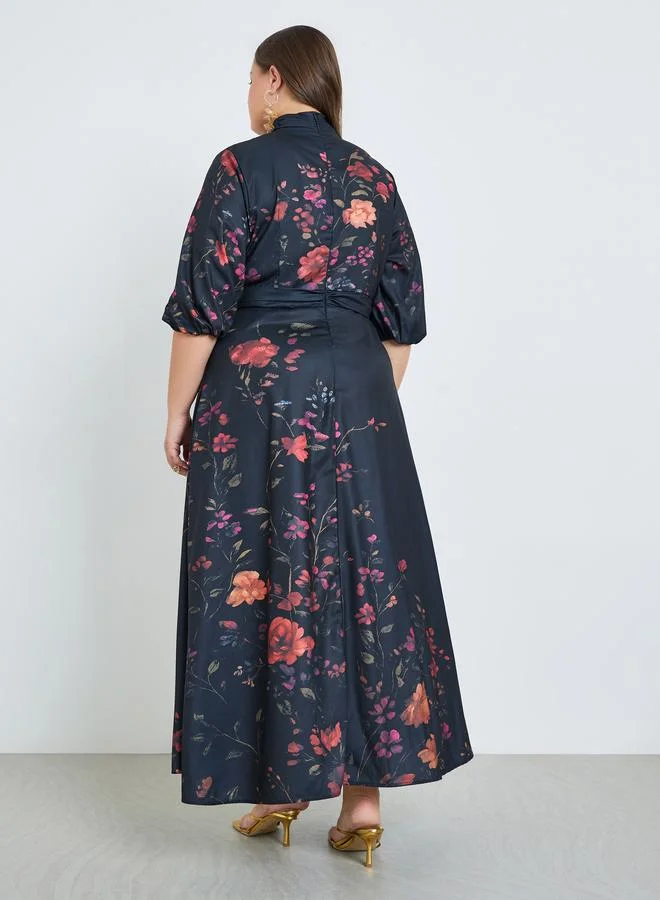 Styli  Plus Size Floral Print Belted A-Line Maxi Dress for Women | Best Price UAE